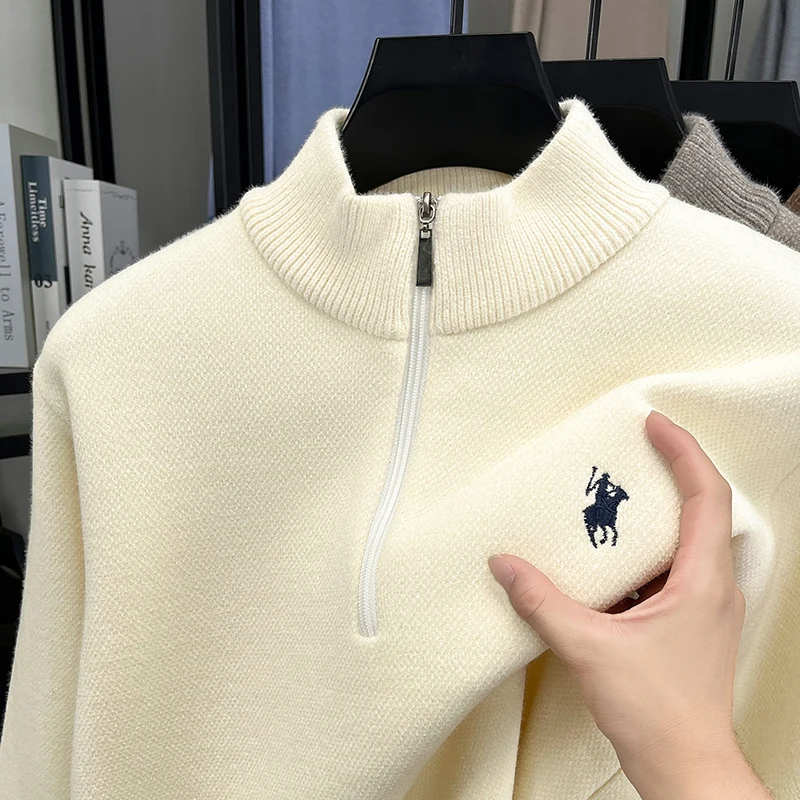 

Winter New Men's Sweater with Thick Velvet and Warm Half Height Zipper Stand Up Collar Base Knit Sweater