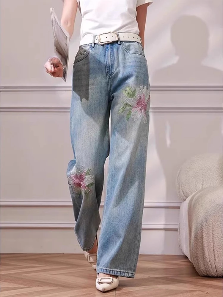 

Fashion Vintage Jeans High Waist Flower Embroidery Design Pockets Wide Leg Pants Chinese Style All Match 2025 Women's Clothing