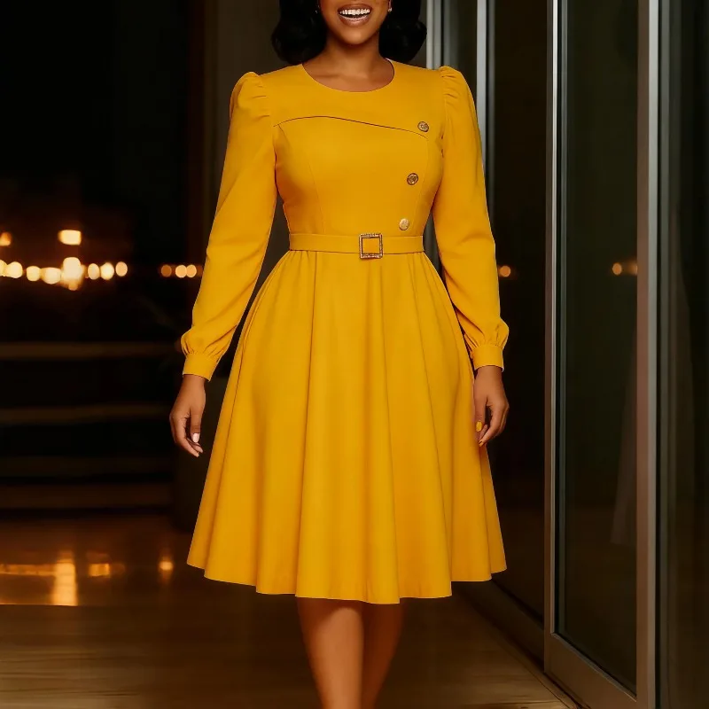 أنيقة Dashiki فساتين الأفريقية للنساء الربيع الأفريقي كم طويل س الرقبة ألف خط ميدي فستان S-3XL أفريقيا تجهيزات الملابس 2026