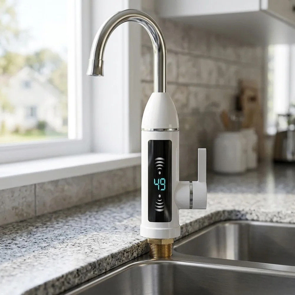 For instant Hot Water Electric Faucet with Digital Readout 360 Degree Rotation White ABS Shell Stainless Steel Tube 22x12x28cm
