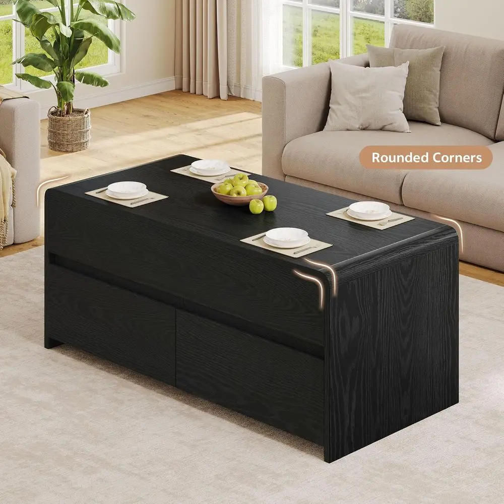 40-Zoll-Couchtisch mit Hubplatte und Schubladen, gebogenes Design für Wohnzimmer oder Heimbüro, Schwarz