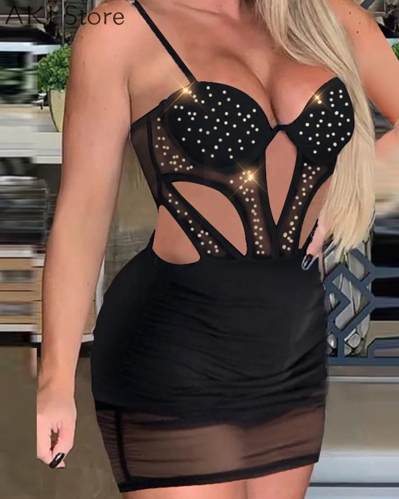 Women Rhinestone Design Cutout Sheer Mesh Bodycon Dress