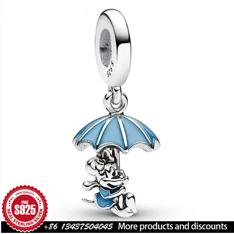 

Настраиваемый кулон из стерлингового серебра 925 пробы, Шарм Диснея, зонтик Микки, синяя эмаль, оригинальные ювелирные аксессуары с гравировкой «сделай сам»