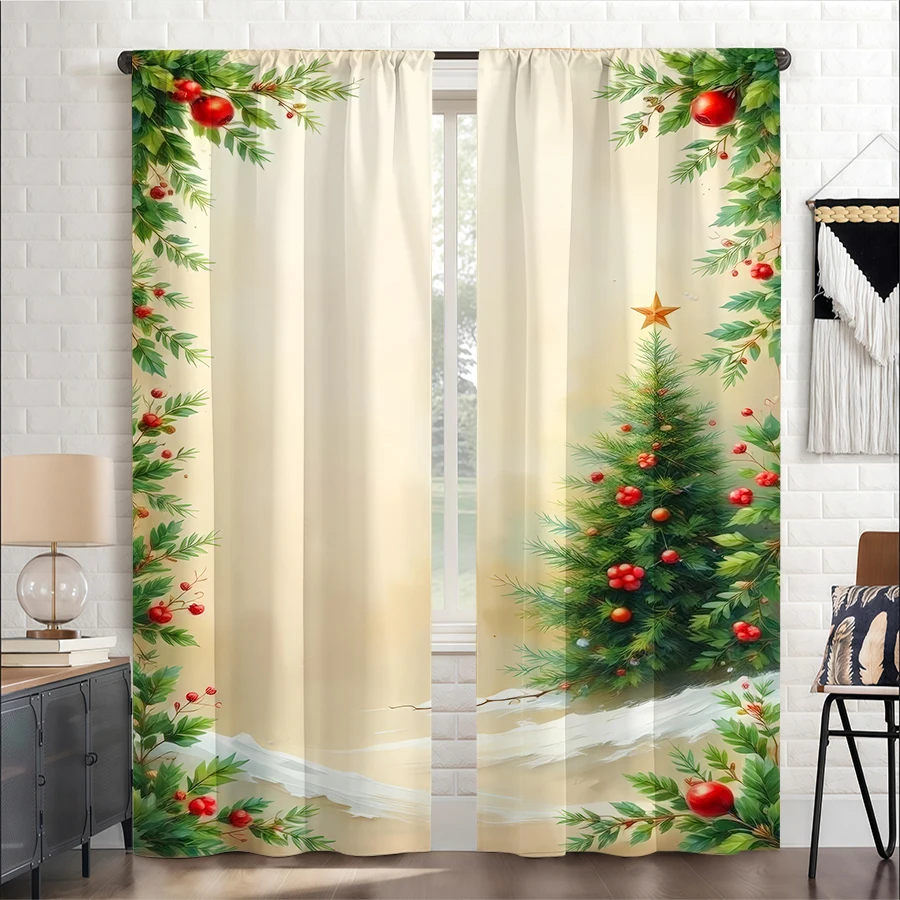 2PCS Christmas Winter Curtains, Pine Red Berry Christmas Tree Snow, Digital Print, Bedroom Living Room, Home Decor Window Drapes