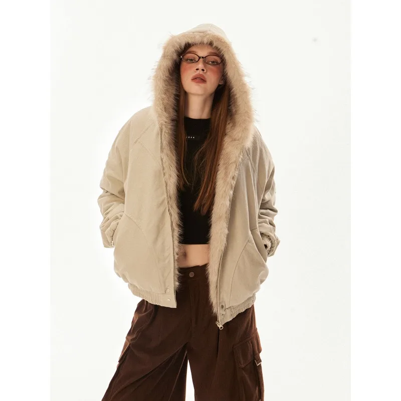 Pelzkragen-Kapuzen-Baumwolljacke für Damen, warmer amerikanischer Street-Style-Winter, High-End-Mantel, Damenbekleidung