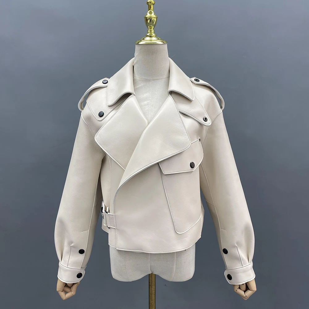 JANEFUR Leather Jacket Women 2023 White Real Sheepskin Fashion Loose Short Soft Female Belted Coat