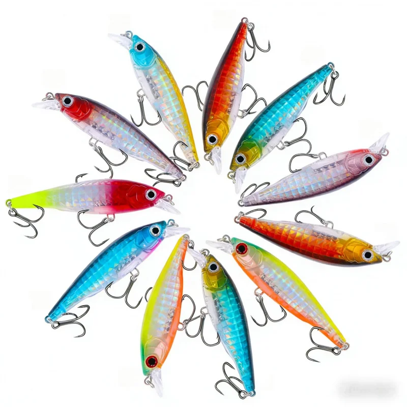 Set de 6 señuelos flotantes tipo minnow de 9 cm y 10 g con 6 anzuelos, silenciosos y de largo alcance para pez cola roja y pez mandarín