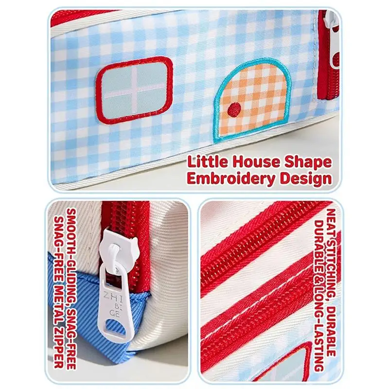 Niedliches kleines Haus-Gingham-Federmäppchen mit großer Kapazität und verstärktem Griff für den täglichen Gebrauch von Schülern und Kindern in der Schule. – Detail 18