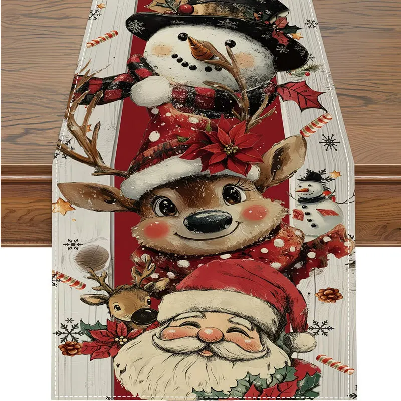 Linen Table Runner Off White Featuring Stacked Highl Cows in Santa Hats Whimsical Christmas Kitchen Table Decor