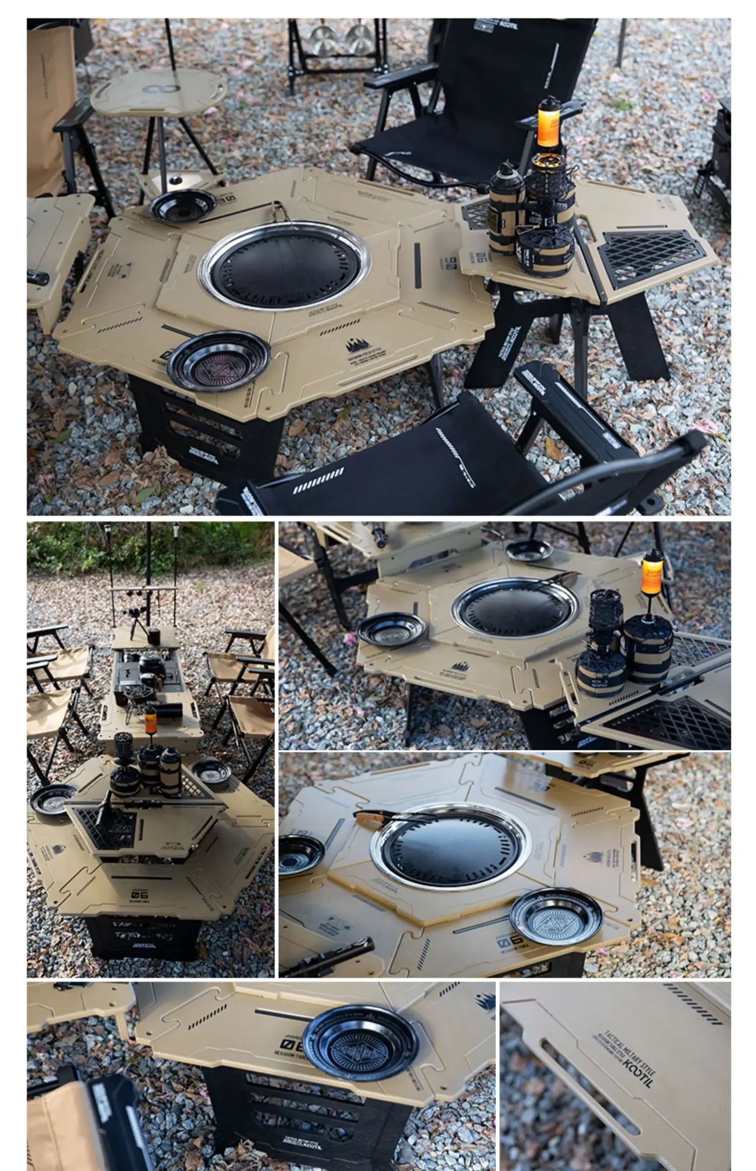 Outdoor stove, tea making table, camping multifunctional hexagonal round wooden table, barbecue camping, detachable and foldable