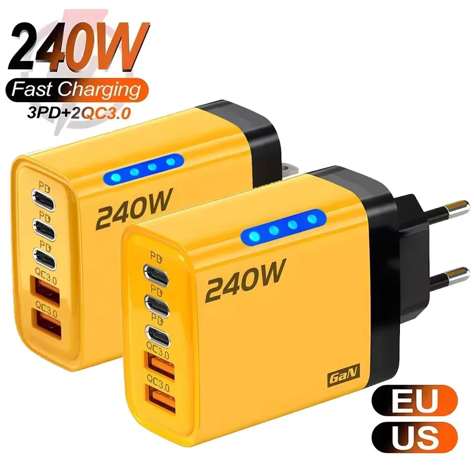 240W 2USB + 3Type-C 5-Port-GaN-Ladegerät EU/US/UK-Stecker Netzteil mit LED-Licht für iPhone Samsung Huawei Xiaomi/Laptop/Tablet