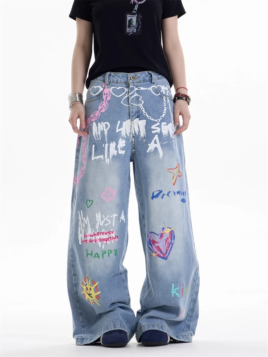 

Women's Y2k Baggy Graffiti Print Jeans Harajuku Vintage Denim Trousers Japanese 2000s Style Oversize Hip Hop Jeans Pants Clothes