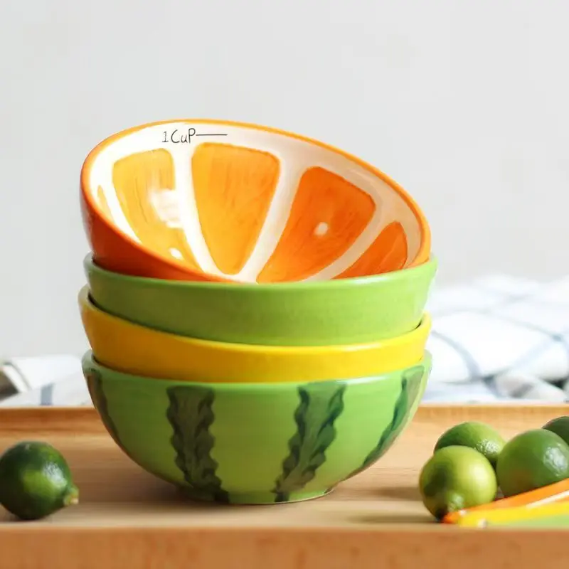 Creative Hand-Painted Watermelon Ceramic Bowl Lovely Fruit Bowl Cartoon Tableware Flatware Set - Plate spoon cup