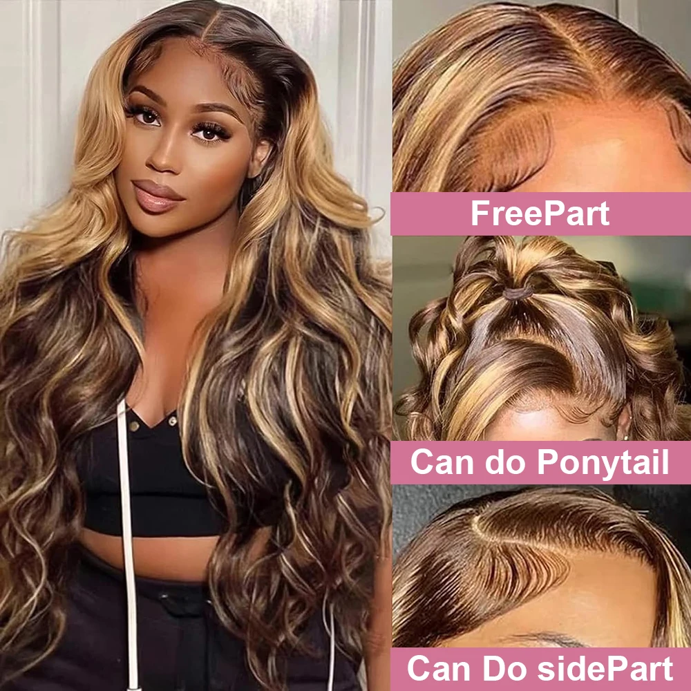 30 Inch Colored Highlight Human Hair Wigs Brazilian 4/27 Body Wave Lace Front Wigs For Women 13x4 Hd Transparent Loose Wave