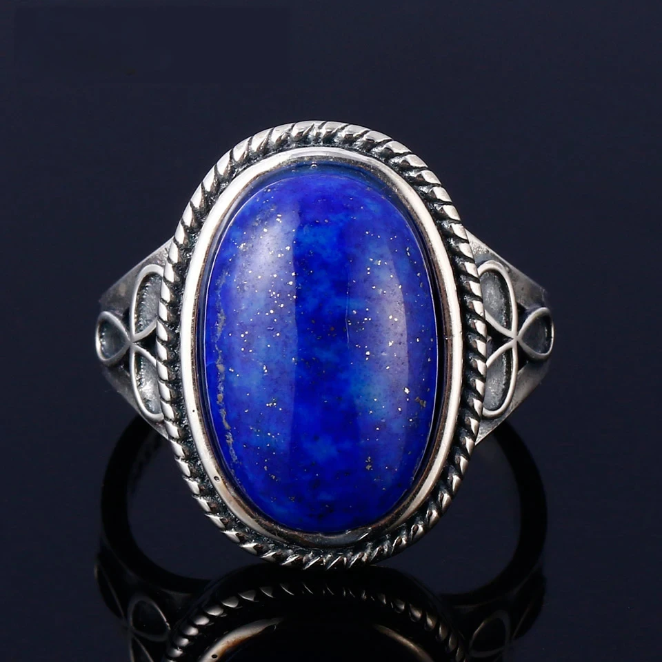 

925 Sterling Silver Ring Oval Large Natural Lapis Moonstone Rings Jewelry for Women Vintage Jewelry Wedding Anniversary Gift