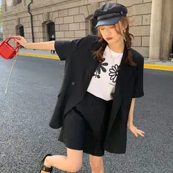 2024 Summer New Korean Fashion Loose Short Sleeved Blazers Jacket Matching Set Women's Casual Thin Suit Shorts Two Piece Suit