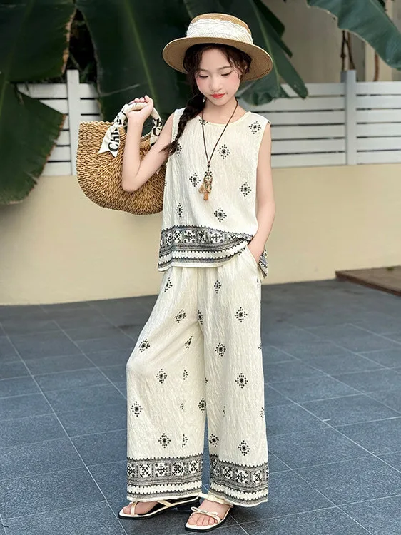 女の子の夏ファッショナブルなツーピースセットエスニックデザイン多用途スリム韓国スレ子供服ロングスベスタンドカラー