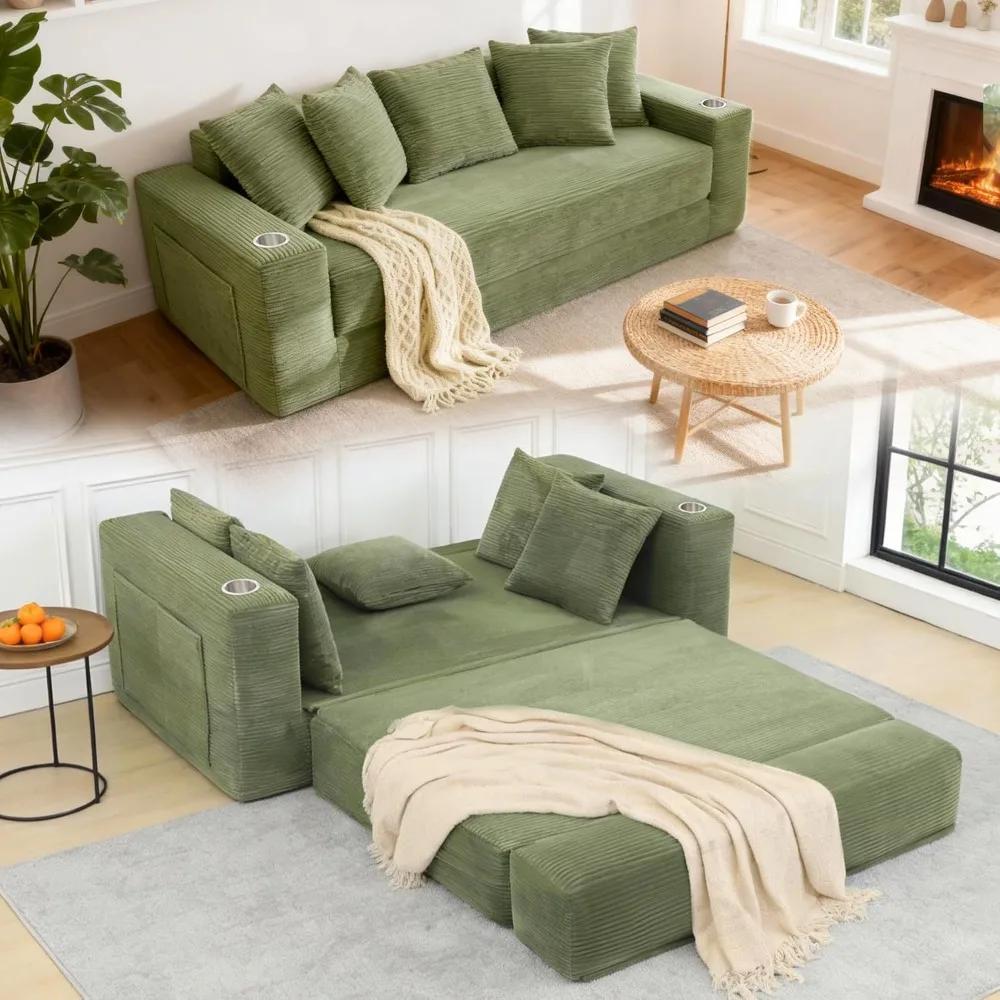 76" Convertible Sofa Bed, 2-in-1 Boneless Sleeper Sofa with Cup Holder Pocket,Corduroy Pull Out Couch with 5 Pillows-Customized