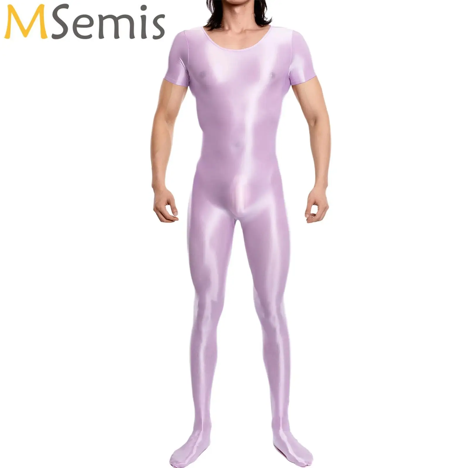 Mens Ballet Gymnastics Leotard Glossy Playsuit Bodystocking Male Short Sleeve Jumpsuit for Yoga Fitness Gym Bodysuit Clubwear