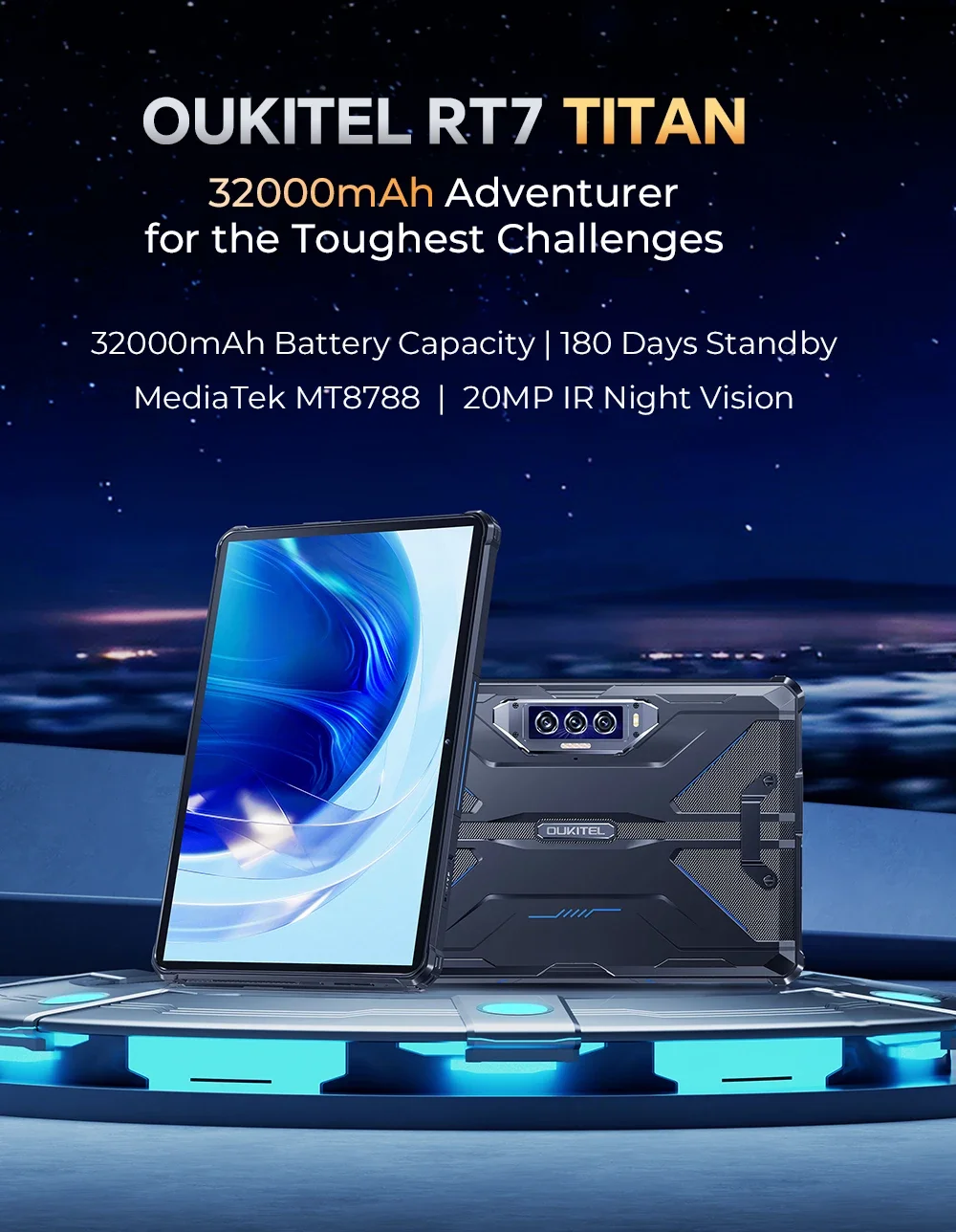 OUKITEL RT7 TITAN 4G Rugged Tablet 32000mAh Battery 24GB+256GB Dimensity 7050 Octa Core IP68/IP69K Waterproof 48MP Night Vision