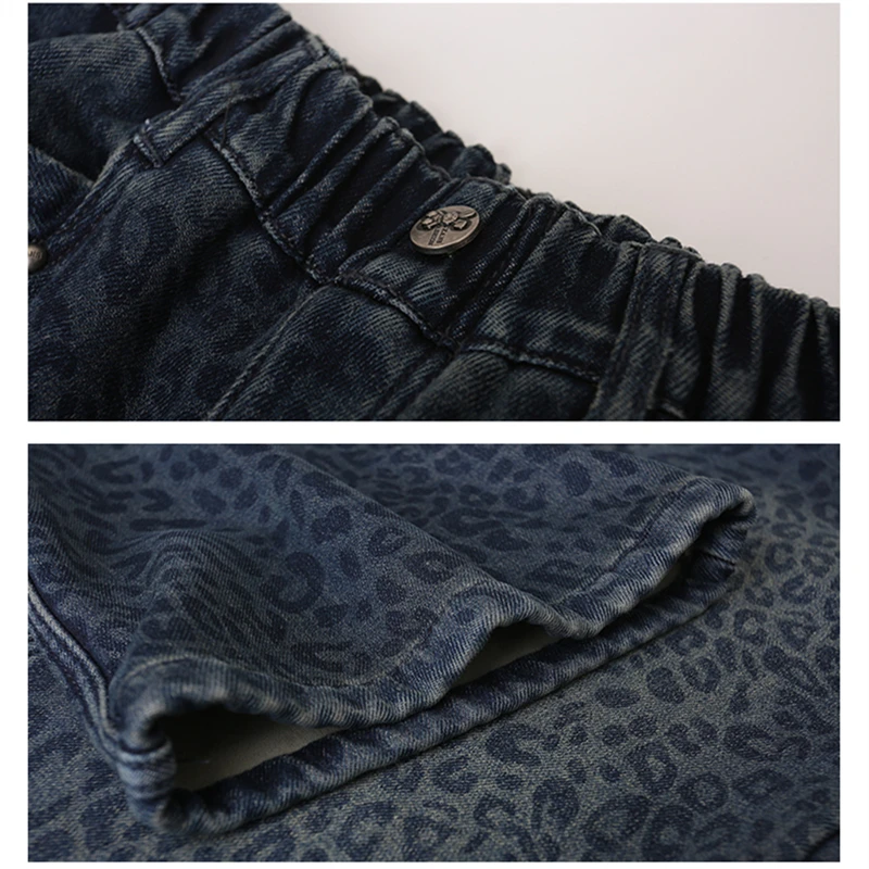 Tween Girl Winter Warm Harajuku Fashion American Blue Leopard Print Jeans With Fleece Lined Kids Child Thick Thermal Denim Pants