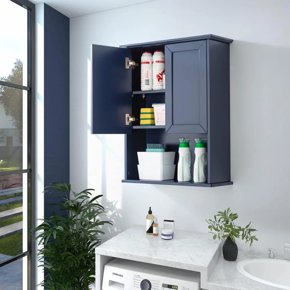 Navy Blue Bathroom Cabinet Wall Mounted with 2 Doors and Adjustable Shelf