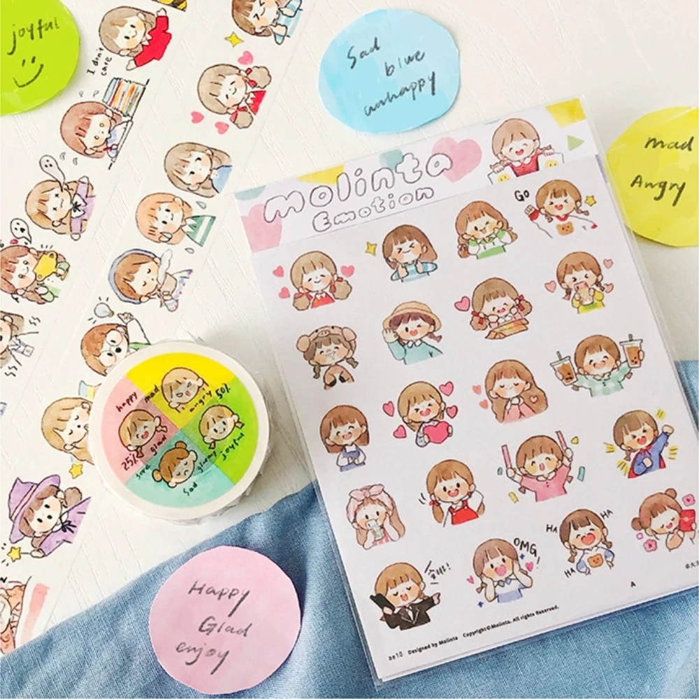 

washi tape Miomio Shop "Bean Eyes", Journal Stickers, Die-cut Sticker Rolls with Little Girl Chibi Character Collection