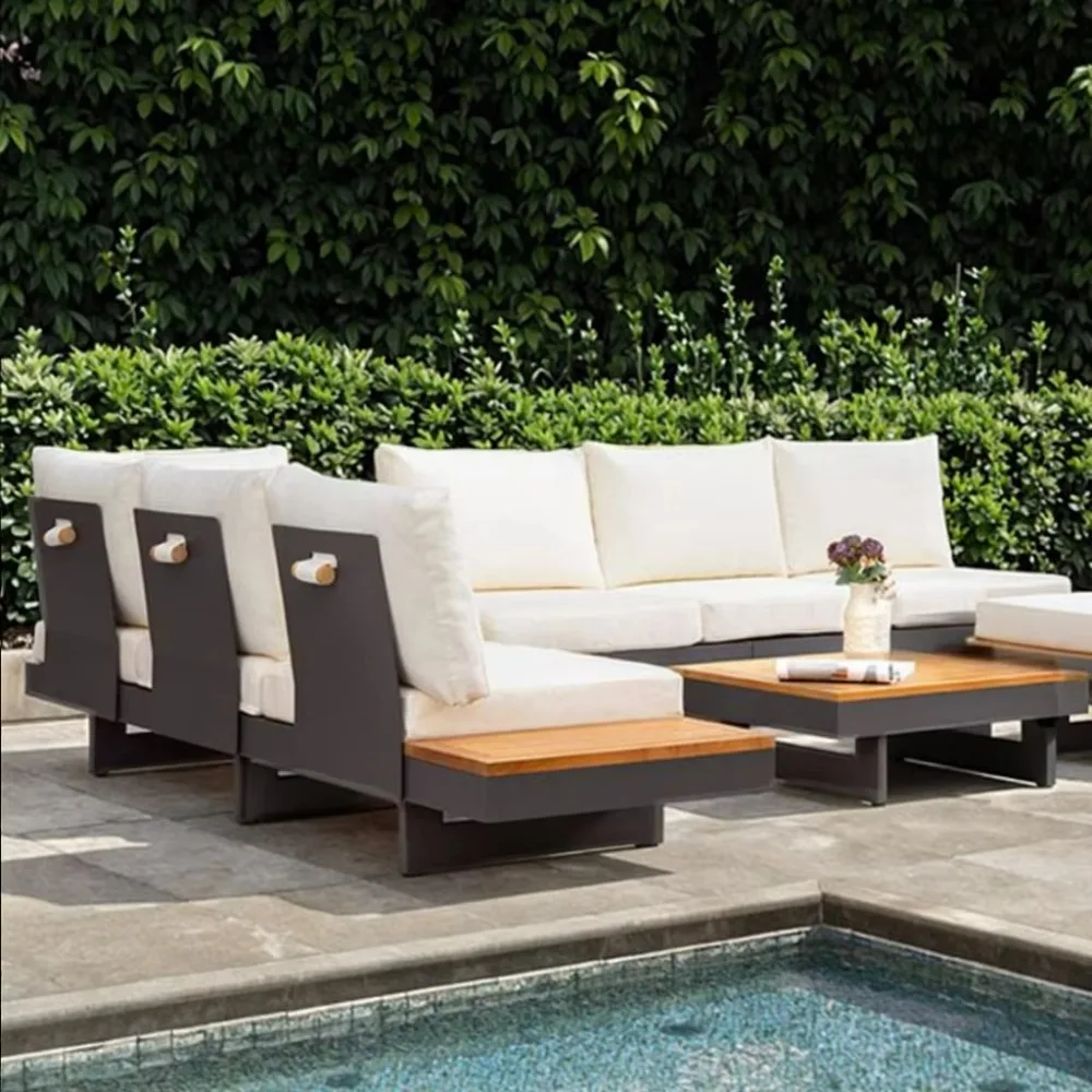 الحديثة الفاخرة أثاث خارجي حديقة فناء خشب الساج طقم أريكة خشبية الألومنيوم في الهواء الطلق طقم أريكة الأثاث الأريكة مجموعة