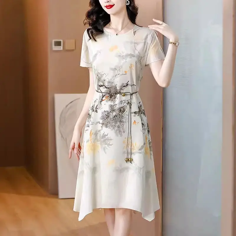 

2024 Summer Middle Aged Mom Women's Chinese Style Retro Printed Dress With Strap Up Waist And Short Sleeve Chiffon Dress K1872