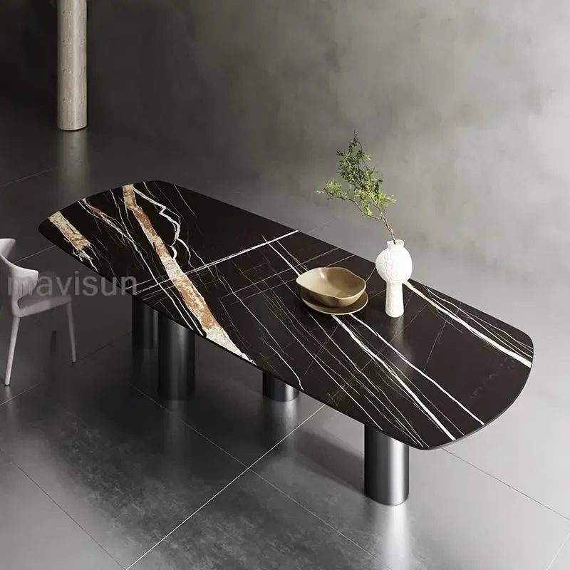 GY13 Modern Minimalist Dining Table For Large Apartment Stable Black Rock Slab Tabletop Mesa Plegable Living Room Furniture