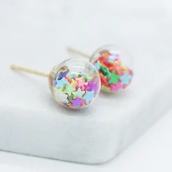 New Fashion Design 10MM Glass Ball Colorful Stars Glitter Beads Gravel Small Earrings for Women Temperament Small Girls Gifts