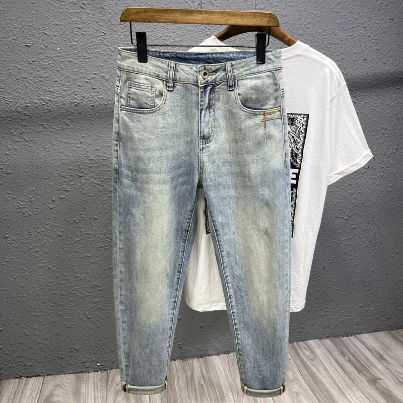 

2024Summer New Thin Type Jeans Men's Distressed Retro Fashion Casual Stretch Slim Fit All-Match Washed High-End Cropped Pants