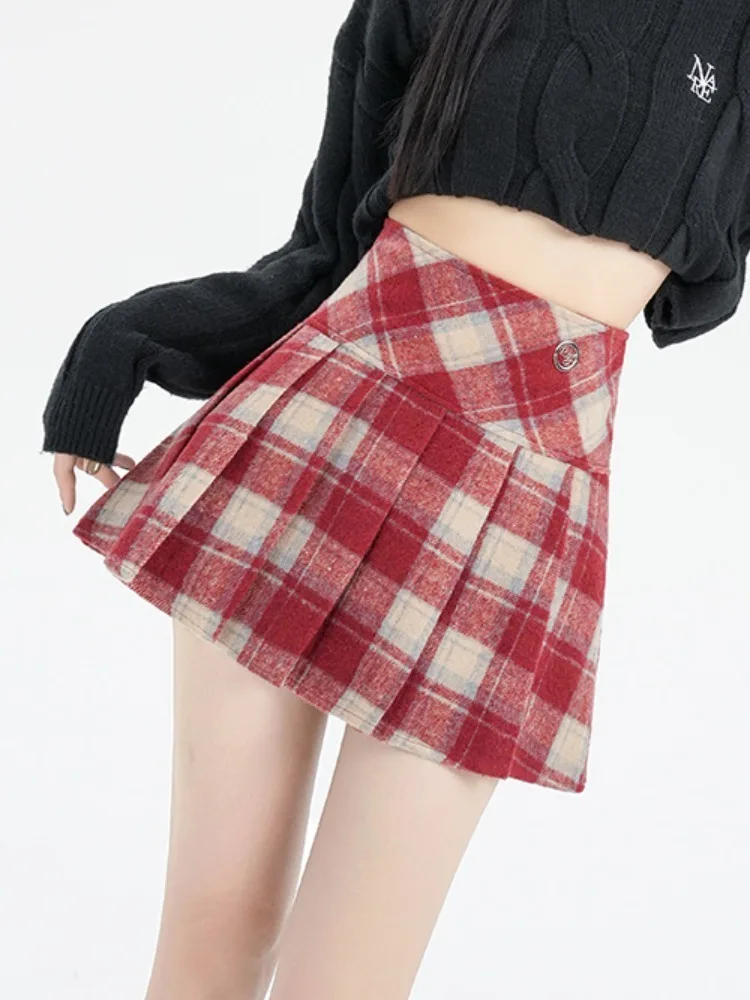 Winter Plaid Skirt Women Vintage Woolen Korea Black Red Preppy Style School Cute Sexy Check Print Pleated Mini Skirt