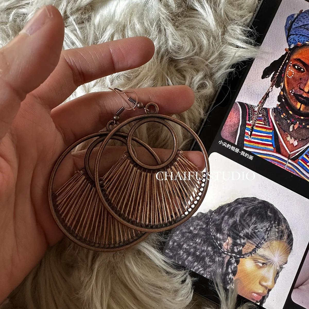 

Geometric retro Egyptian bronze tribal style old hand-woven earrings, exaggerated personality accessories