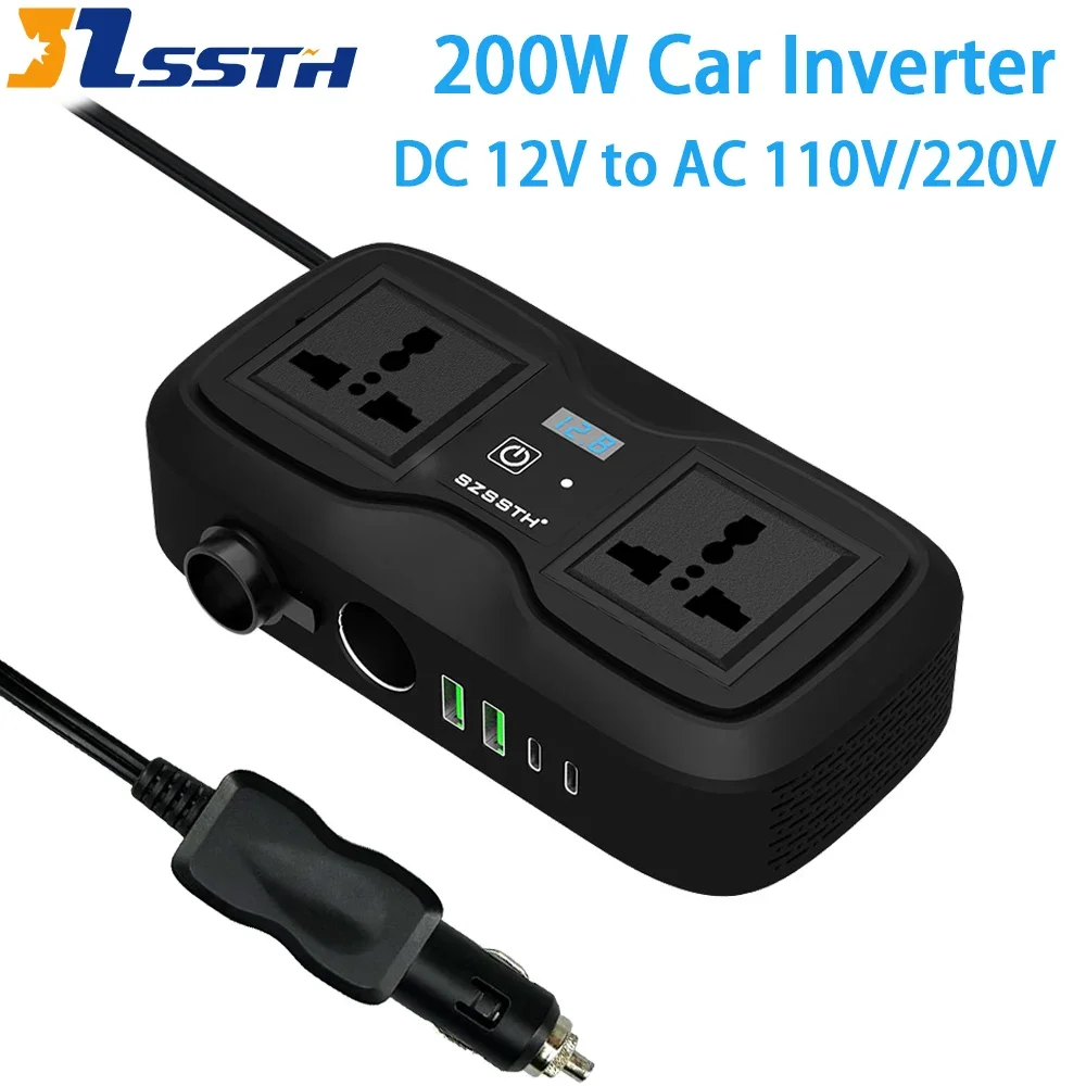 

Автомобильный инвертор 200 Вт, DC 12В в AC 110В/220В, с двумя портами Type-C и двумя USB, адаптер-преобразователь питания, зарядное устройство для телефона, прикуриватель