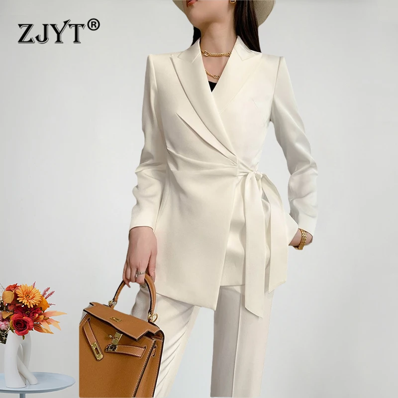 

ZJYT Lace Up Blazer Suits Pant 2 Piece Matching Sets Women Conjunto Para Mujeres Office Lady Formal Trousers Sets White Outfit