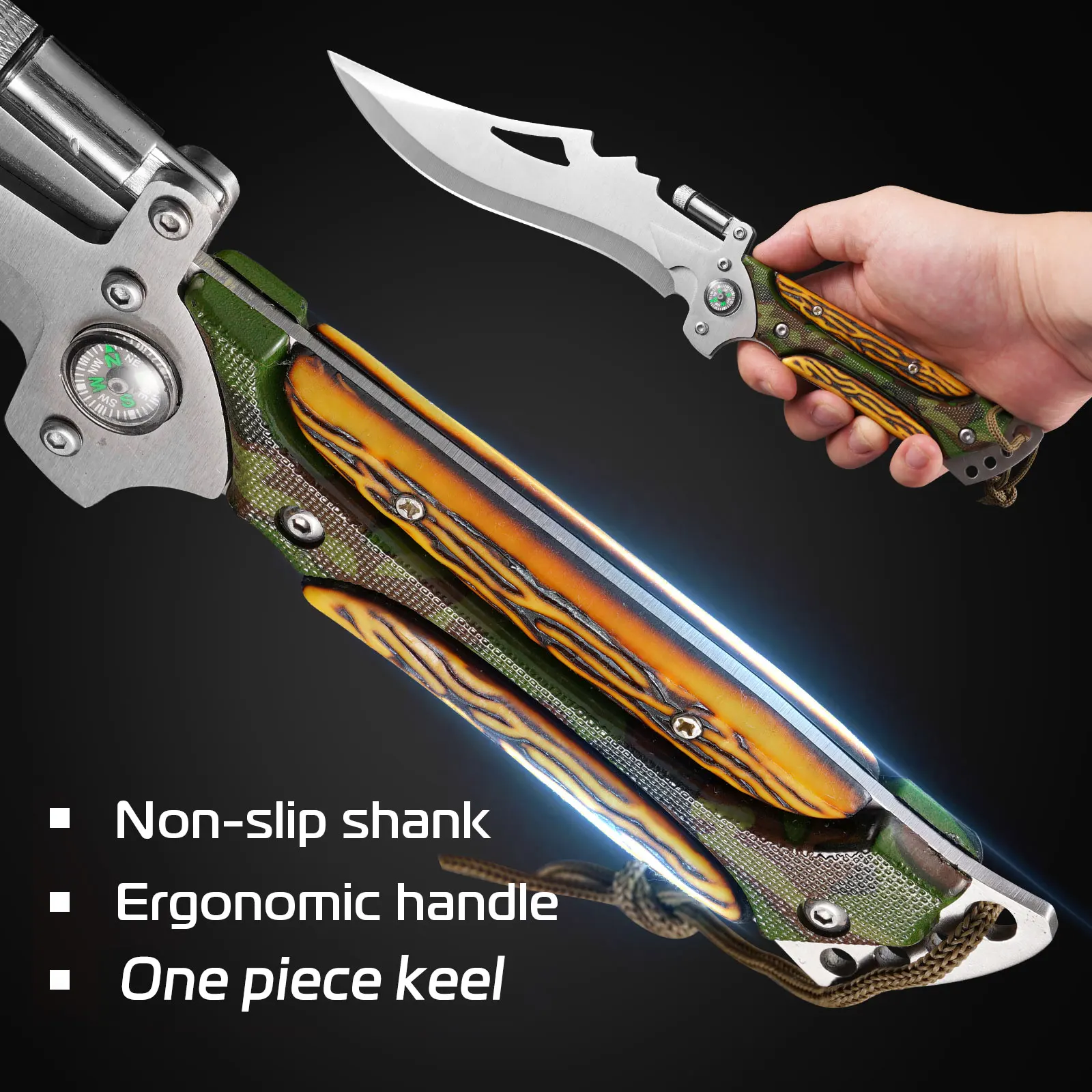 Outdoor camping straight knife, with a small flashlight, multi-functional mountaineering knife, survival knife, hunting knife