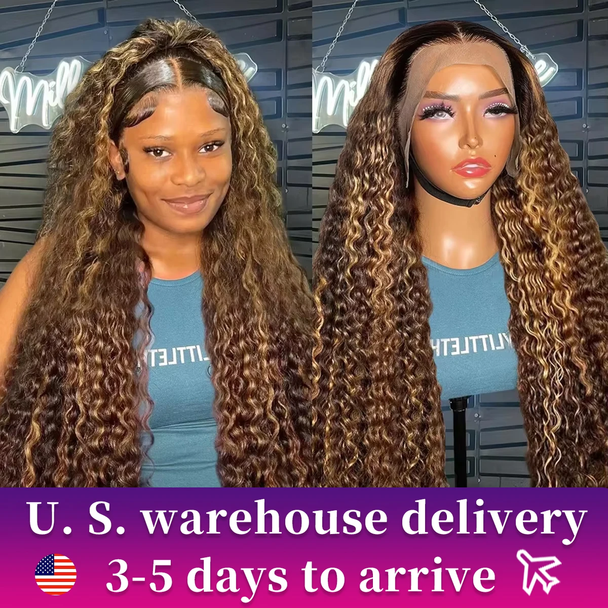 Highlight Ombre Colored Curly HD Transparent 13X4 Human Hair Brown Lace Front Human Hair Deep Wave Lace Frontal Wig 250 Density