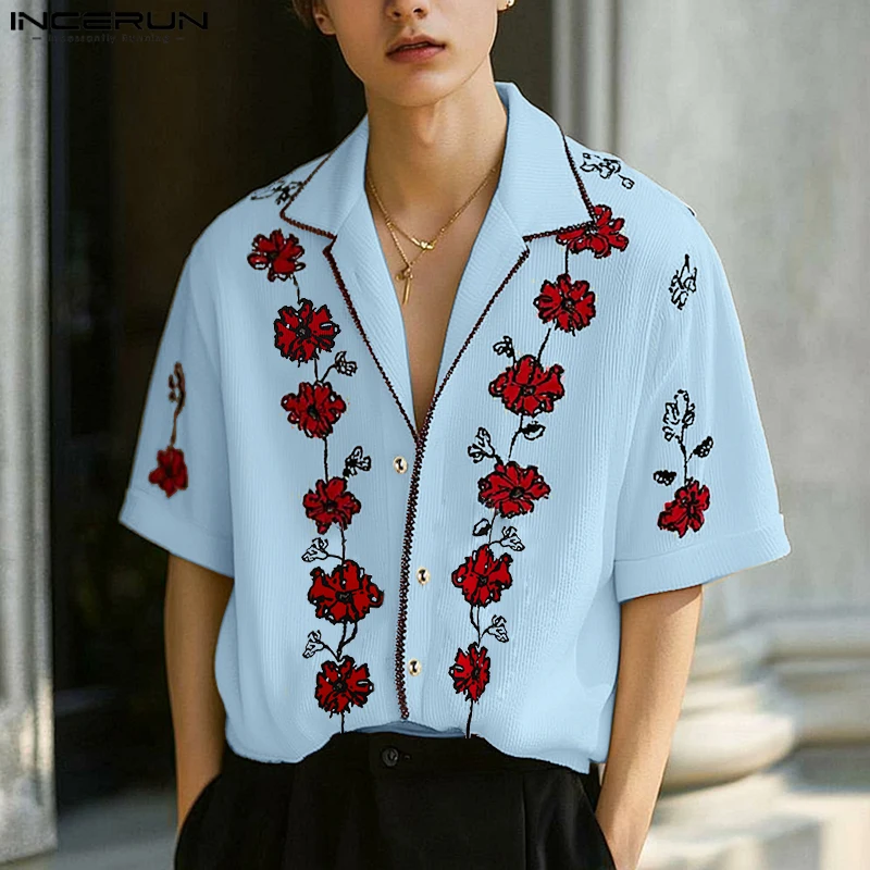 

Short Sleeve Summer Men Shirts INCERUN Fashion Floral Print Male Tops Lapel Men's Clothing Streetwear Casual Shirt Oversize Tee