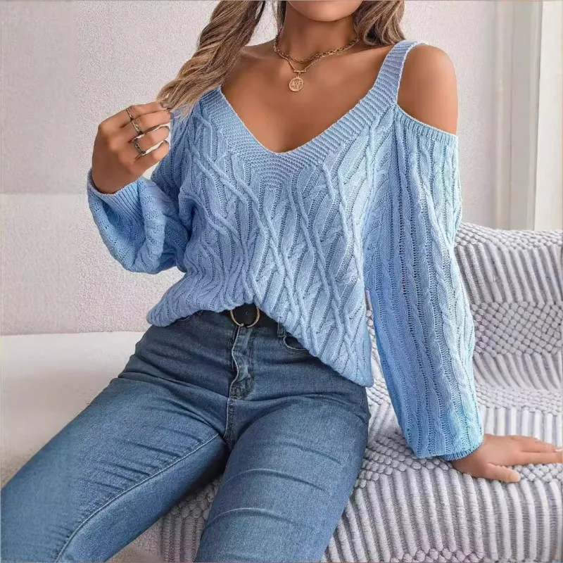 Autumn And Winter Casual Solid Color Square Neck Fried Dough Twists Off Shoulder Lantern Sleeve Sweater Women's Loose Pullover