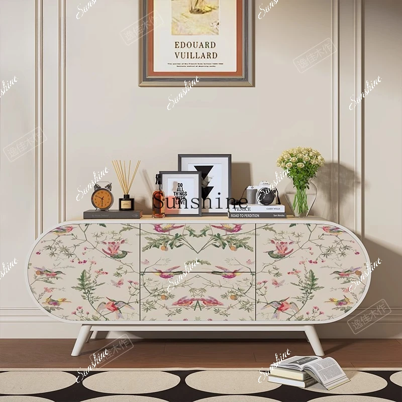 French cream style flower solid wood dining side cabinet household living room entrance storage cabinet FT