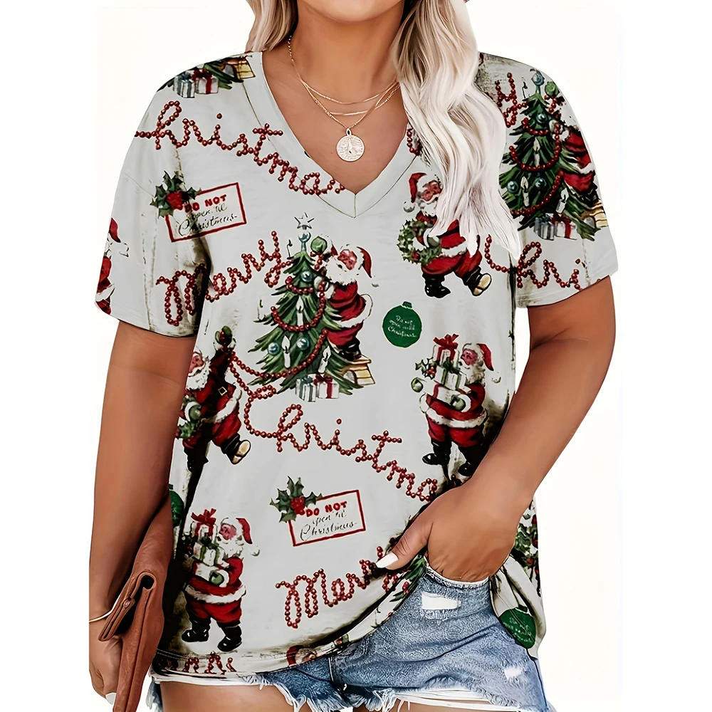 

Cartoon Santa Claus Print Women's T-Shirts Fashion New Year Christmas Short Sleeve Casual V-neck Oversized Tops Street X'mas Tee