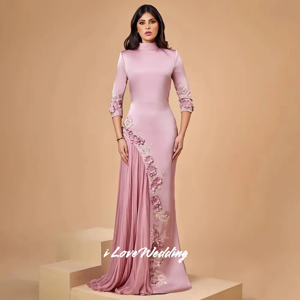 

Pink High Neck Mermaid Long Sleeve Flowers Applique Prom Dresses Sweep Train Wedding Party Dress Floor-Length Pleated Customized