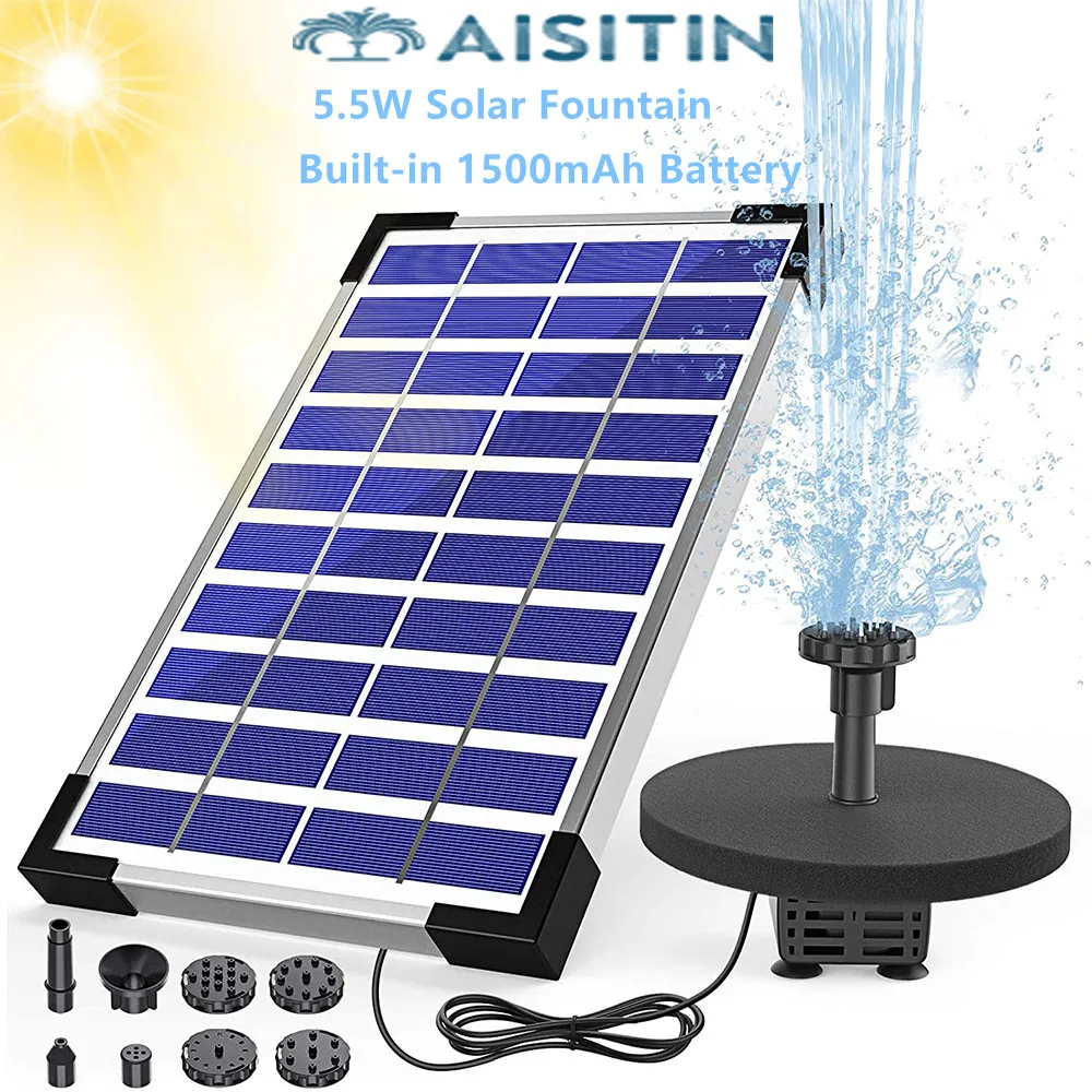 AISITIN 5.5W Solar Fountain Pump Built-in 1500mAh Battery Solar Water Pump Floating Fountain with 6 Nozzles, for Bird Bath,etc.