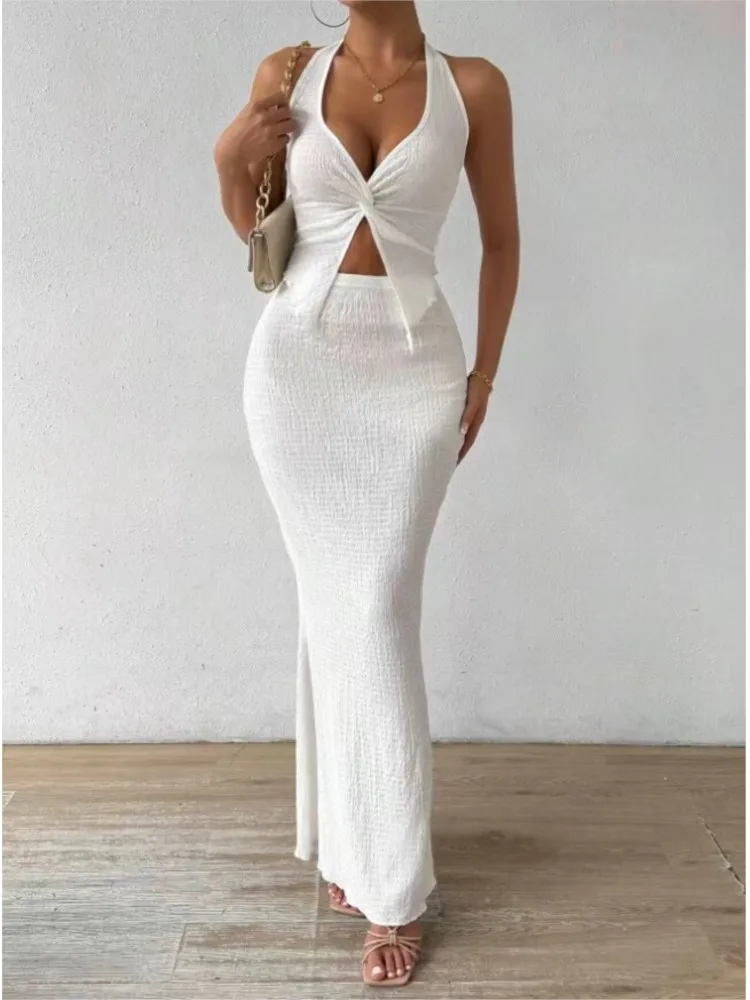 New Casual Women Summer Sexy Solid Color Hanging Neck Top Long Skirt Fashion Two-piece Sets Tight And Elegant 2piece Set
