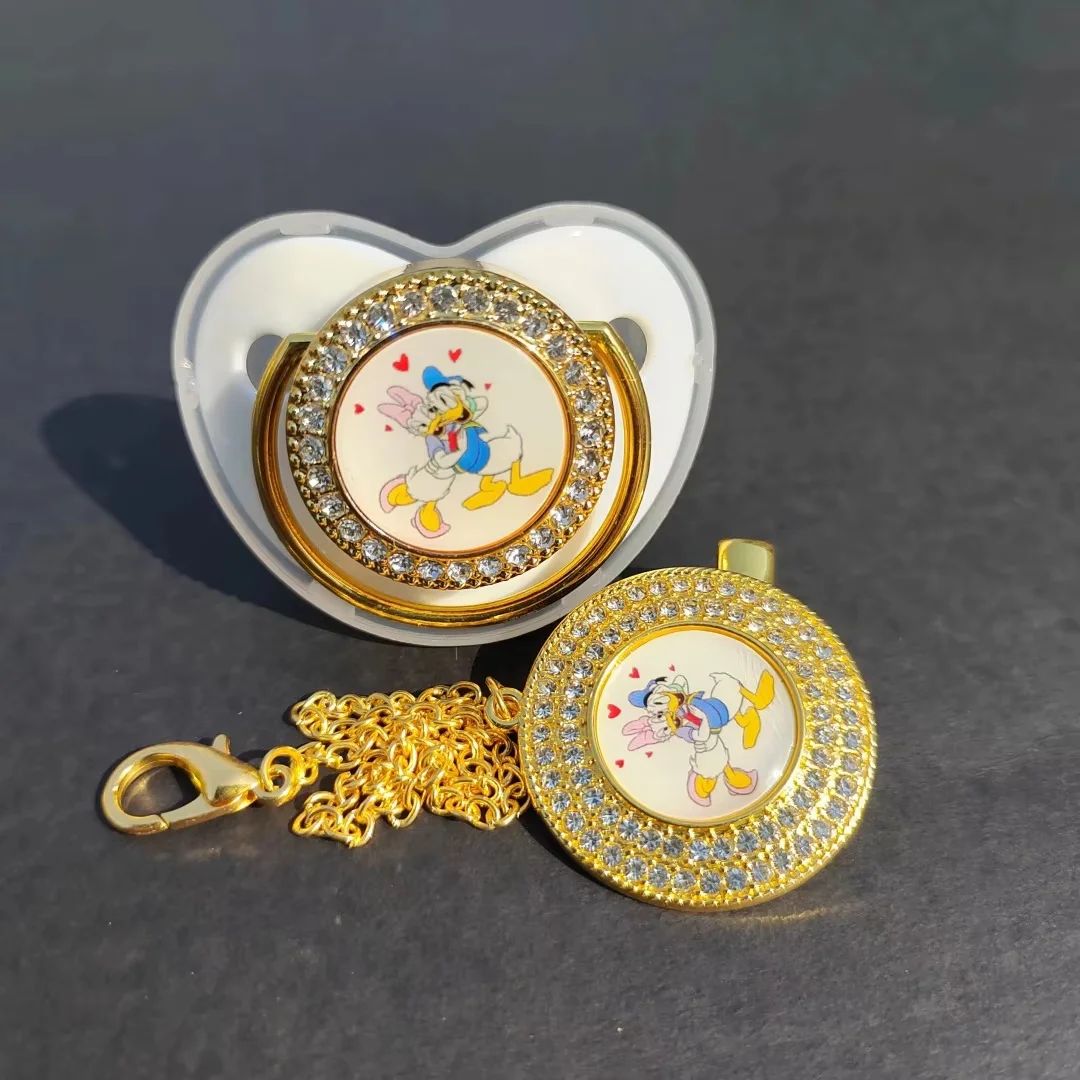 [Clip de sucette personnalisé avec lettre personnalisée pour nouveau-né] sucette pour bébé Kawaii Donald Duck imprimé sans BPA luxe Bling Silicone