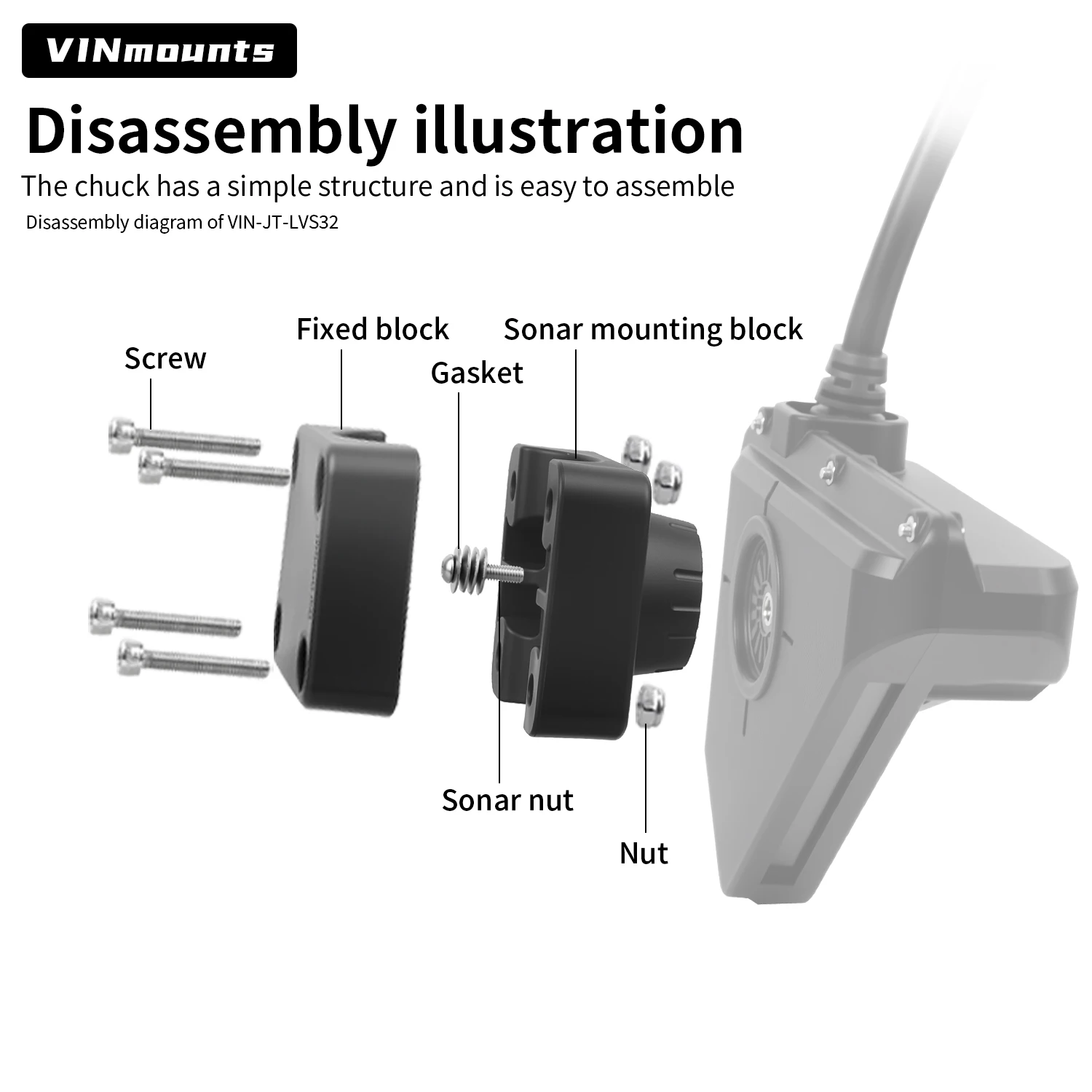 

VIN 0 Degree Transducer Clamp Mount Adapter for Lowrance ActiveTarget 2 AT2 / Garmin LVS32 LVS34 LVS62 Pole Shaft VIN-JT-LVS34