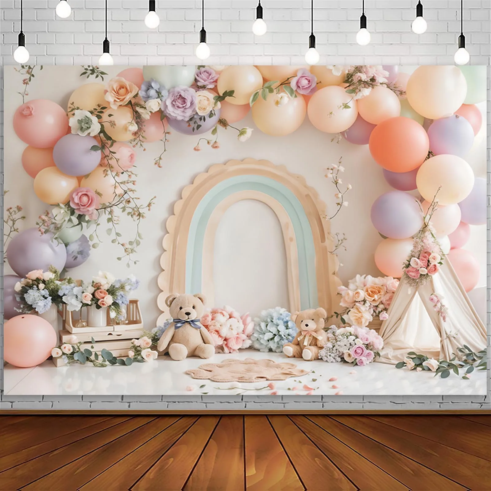 AIBIIN Cake Smash Photography Background Bear Flowers Rainbow Arch Wall Portrait Backdrop Kids Birthday Baby Shower Party Decor