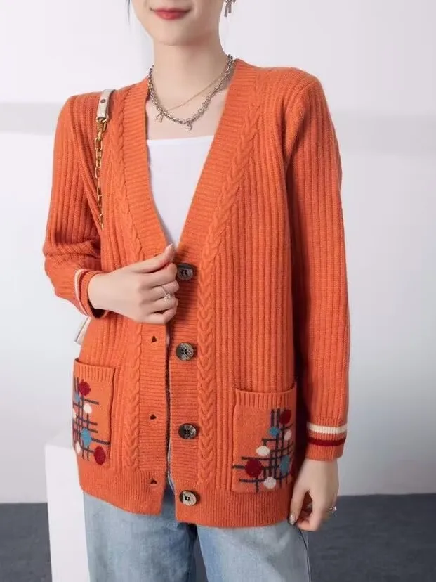 

Fashionable Knitted Woolen Cardigan Coat with Double Pockets for Middle-Aged And Elderly Women Thick Cotton Polyester Blend V...