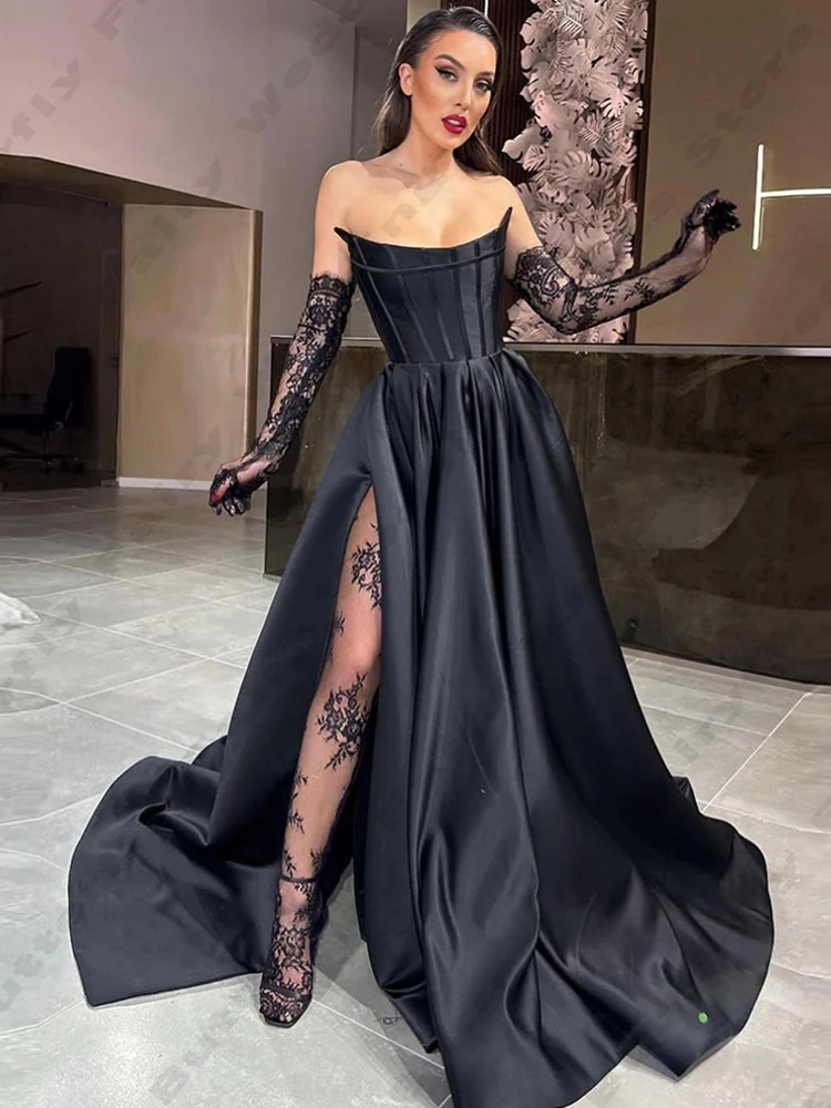 Vestido De noche De satén para mujer, prenda Sexy con abertura lateral, color negro, estilo princesa, a la moda, para Fiesta De celebridades